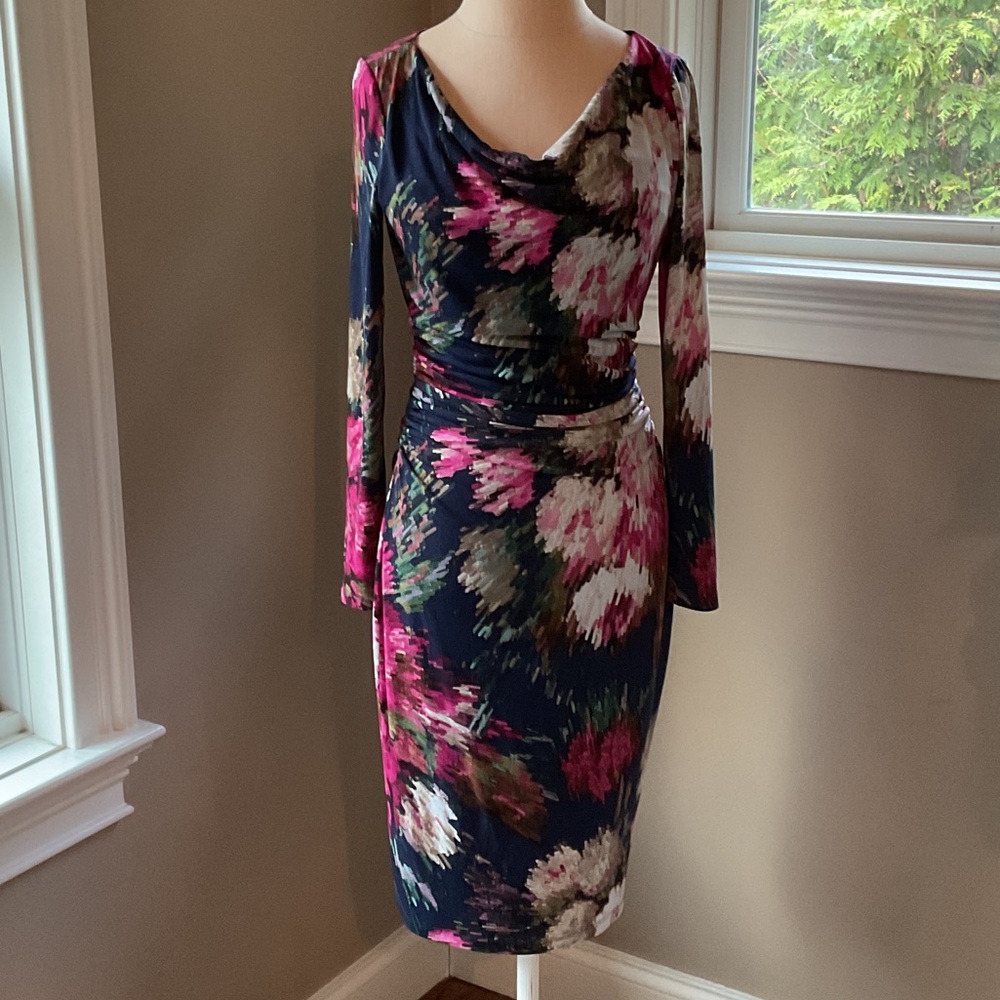 David Meister Navy and Pink Floral Long Sleeve Dress